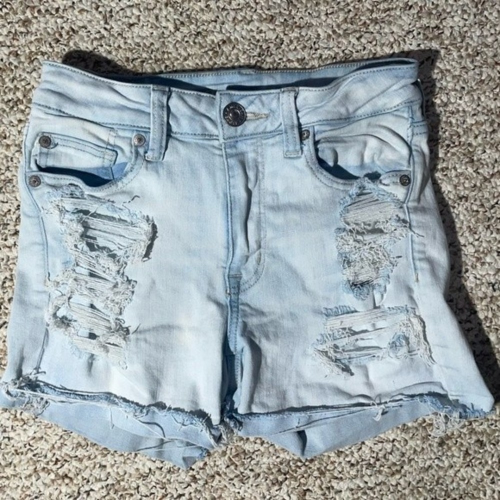 American eagle shortie stretch light denim shorts sz 4 distressed